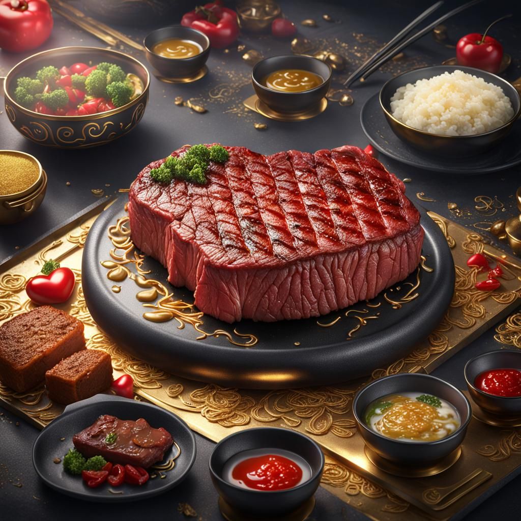 Korean Beef Steak with Gold Accents: Fantasy Art