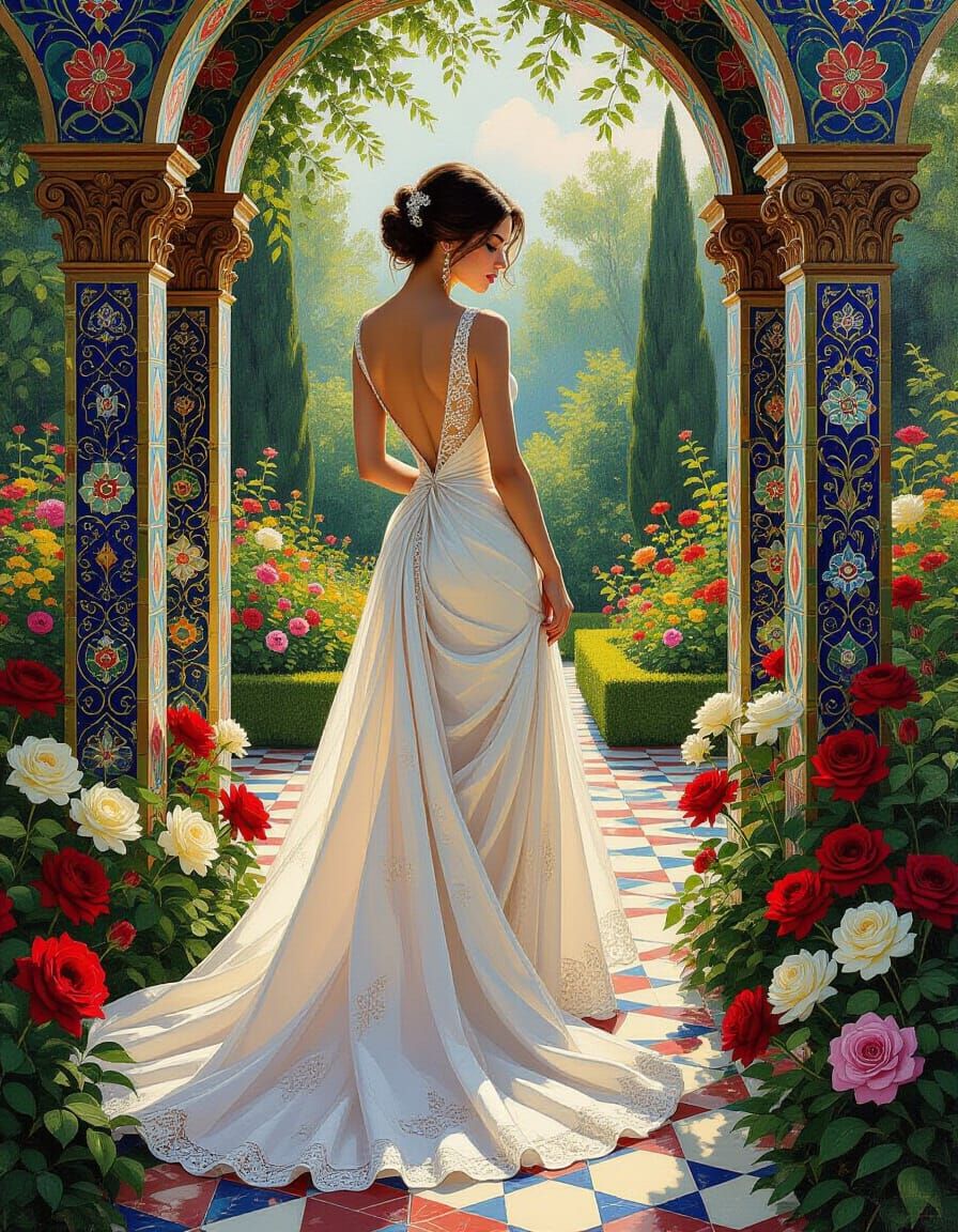 Alluring Woman in Victorian Garden Baroque Landscape