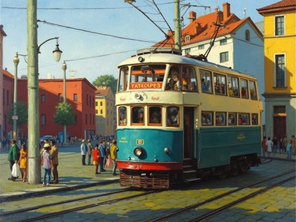 European Street Scene with Double-Decker Tram in Impressioni...
