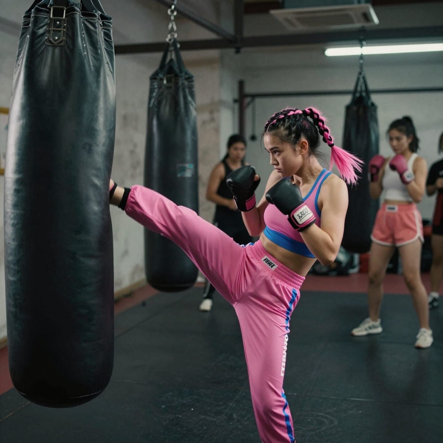 Punk Girl in Kickboxing Class: Cinematic Action Shot