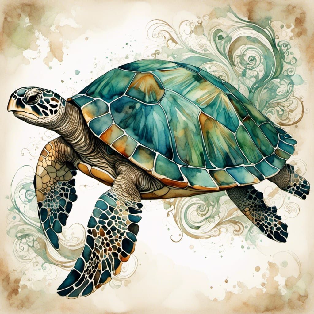 Sea Turtle in Romantic Watercolor Style