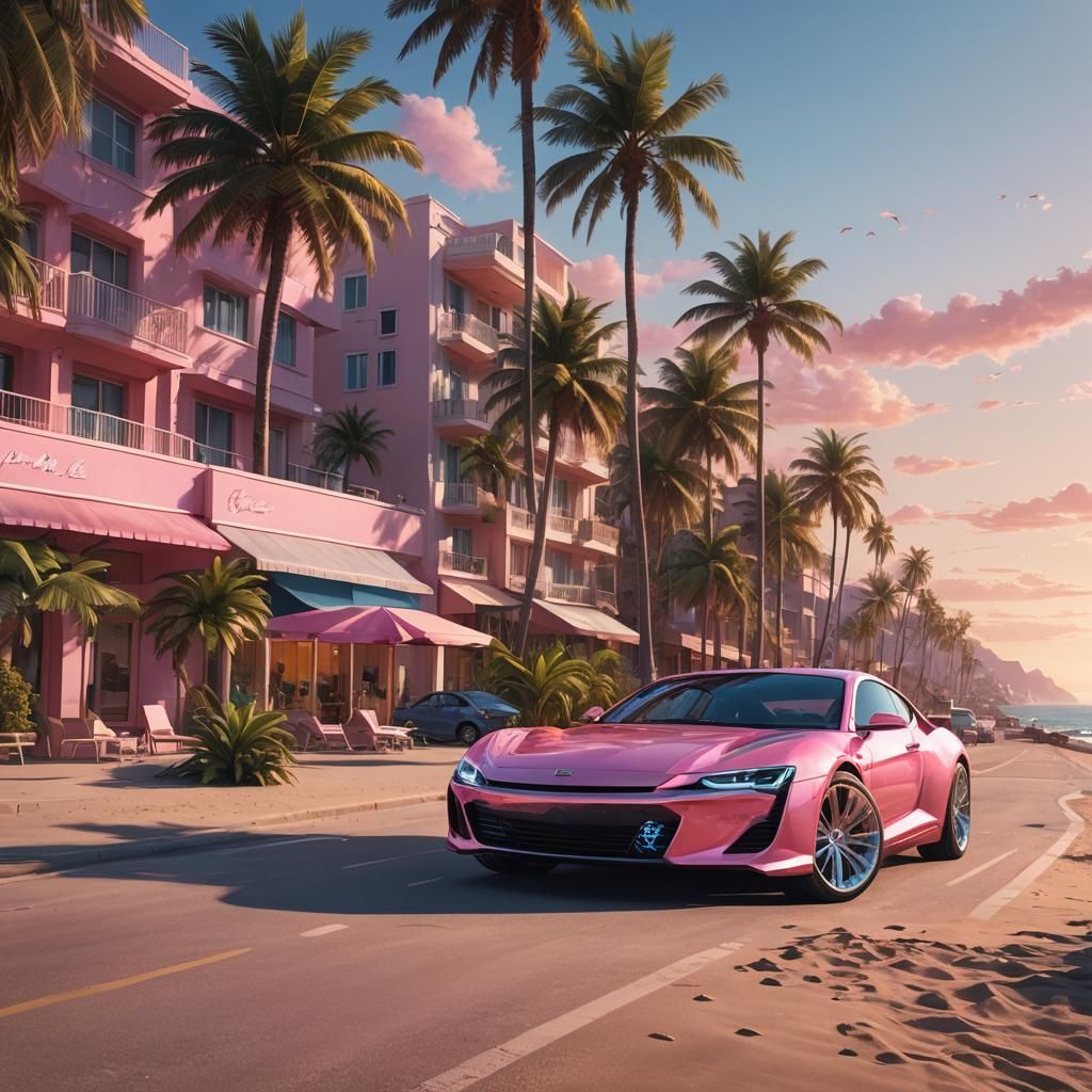 Pink Car on Beach in Hyper-Realistic Digital Art