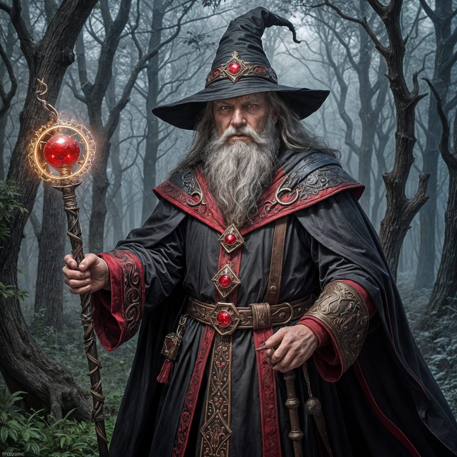 Mysterious Wizard with Glowing Eyes and Ruby-Tipped Staff