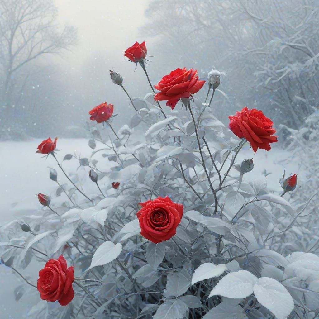 Winter Wonderland with Red Roses and Silver Sparkles in Ethe...