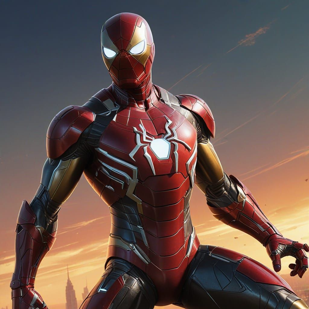 Spider-Man in Metallic Iron Man Armor, Cyberpunk Style