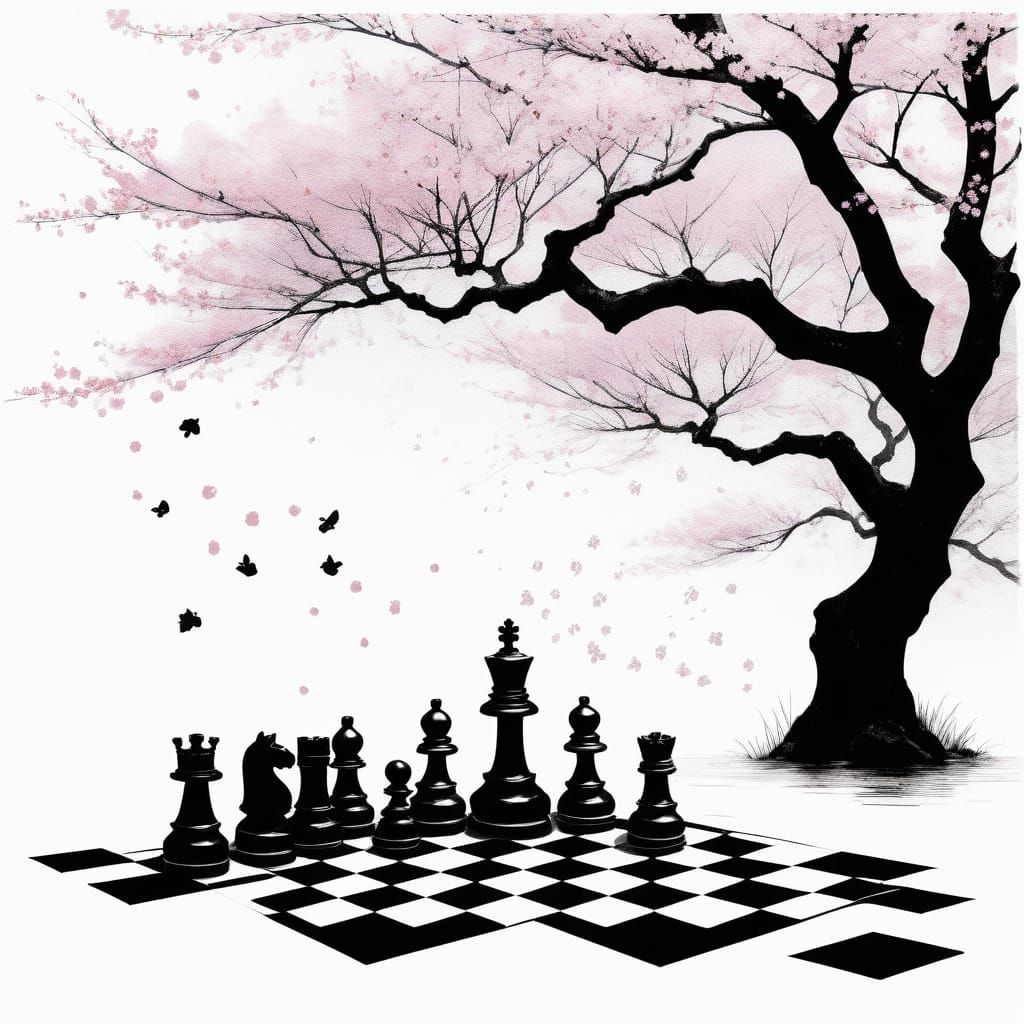 Minimalist Sumi-e Chess Game Under Blooming Sakura