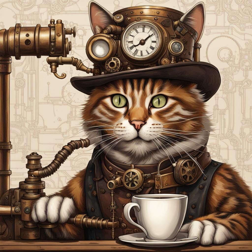 Cat Sipping Coffee by Steampunk Engine