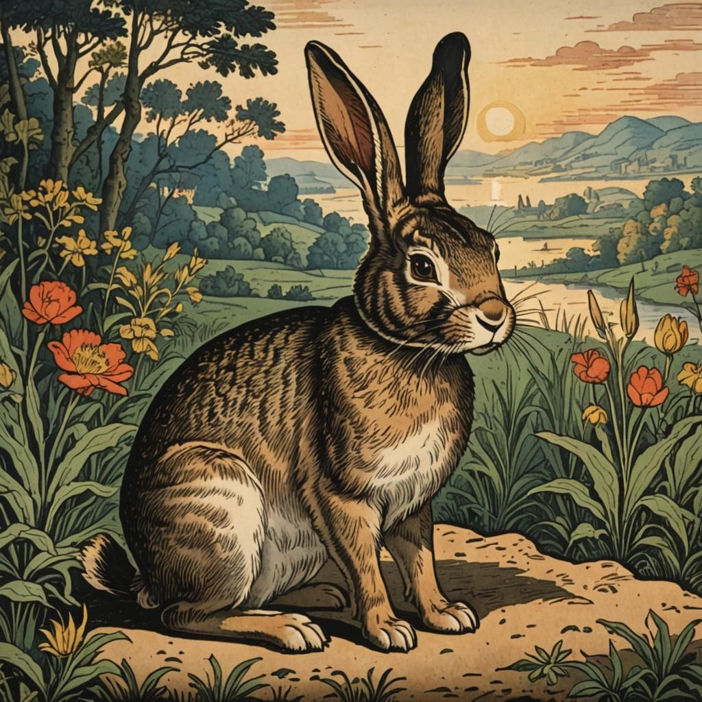 Rabbit in Sunset: A Lubok Print Style Image