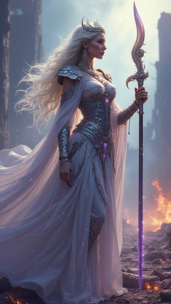 Elven Mage Queen Triumphant in High-Fantasy Style