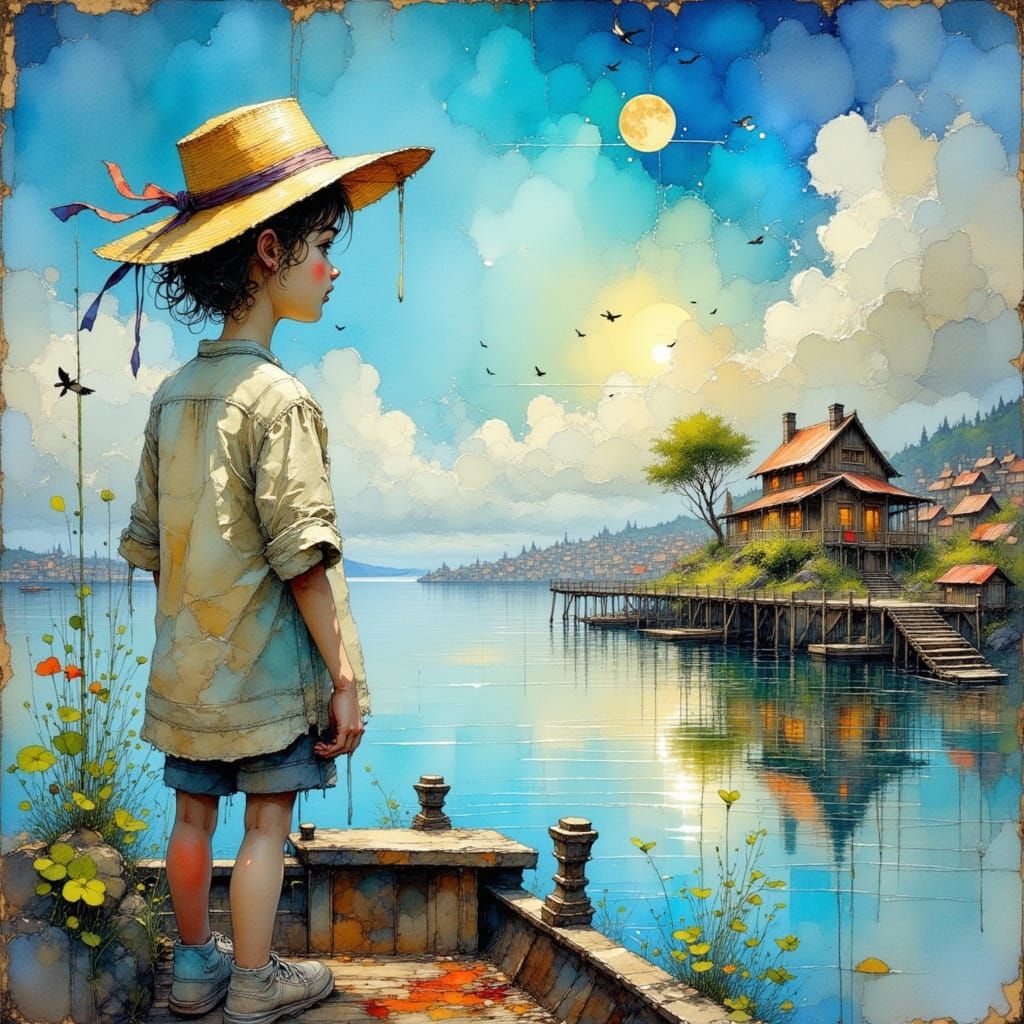 Island House Impressionism: Serene River Scene in Vivid Colo...