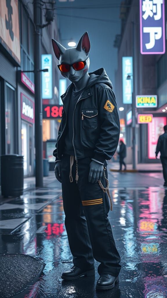 Cyberpunk Character on Neon Street in Alena Aenami Style