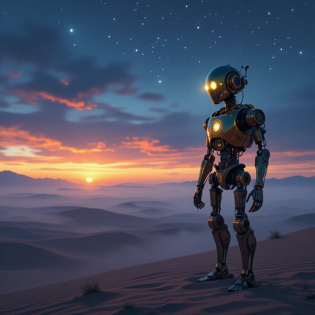 Clockwork Automaton in Misty Desert at Twilight