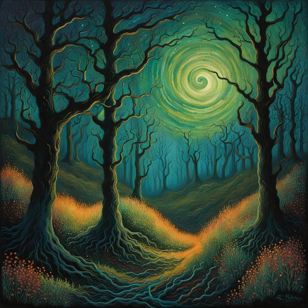 Eldritch Forest with Will-o'-Wisps in Impressionist Style