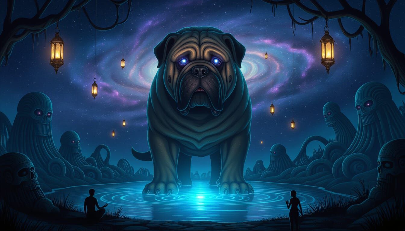Cosmic Mastiff Guards Nebula Pond in Ethereal Lantern Light