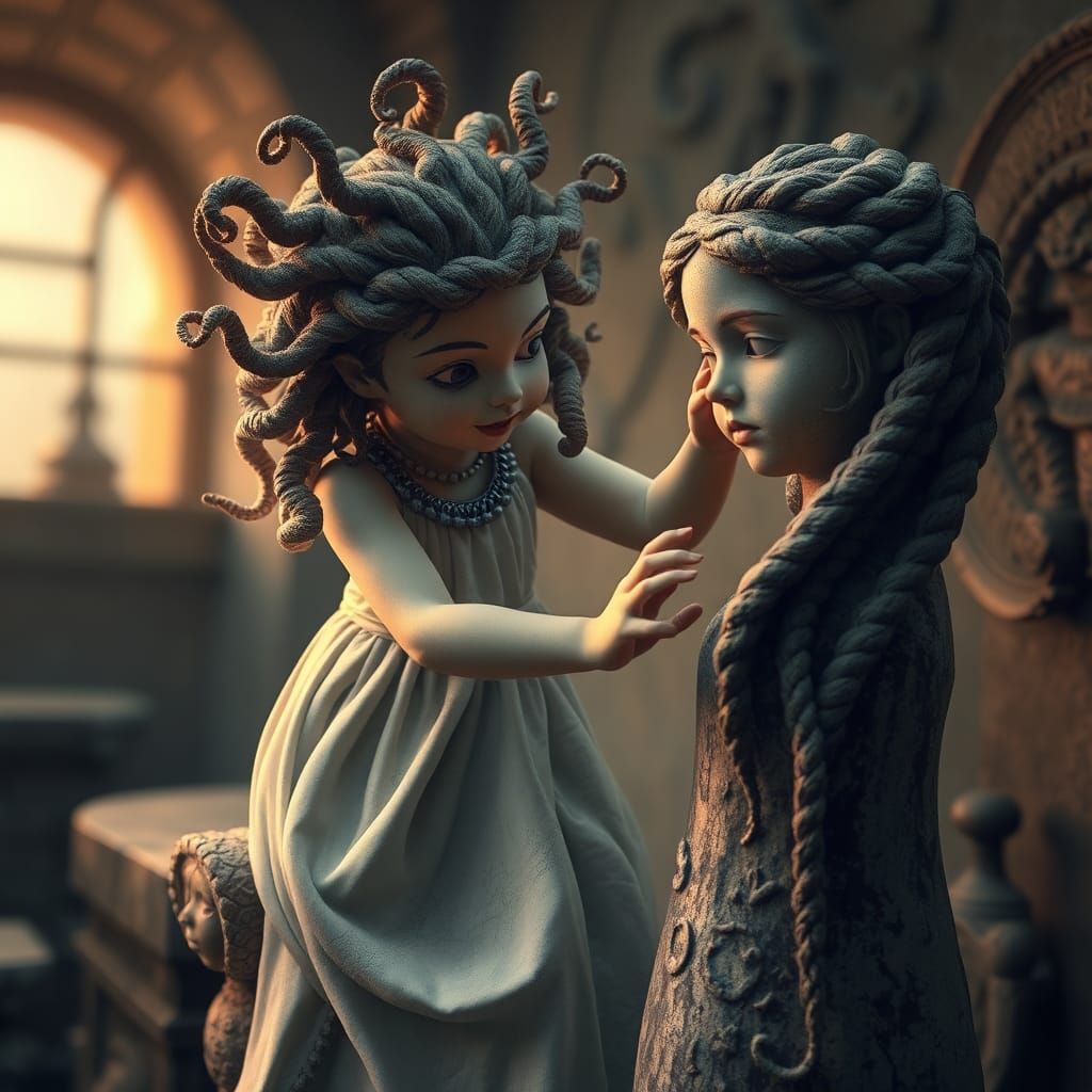 Childlike Medusa with Stone Statue, Fantasy Art