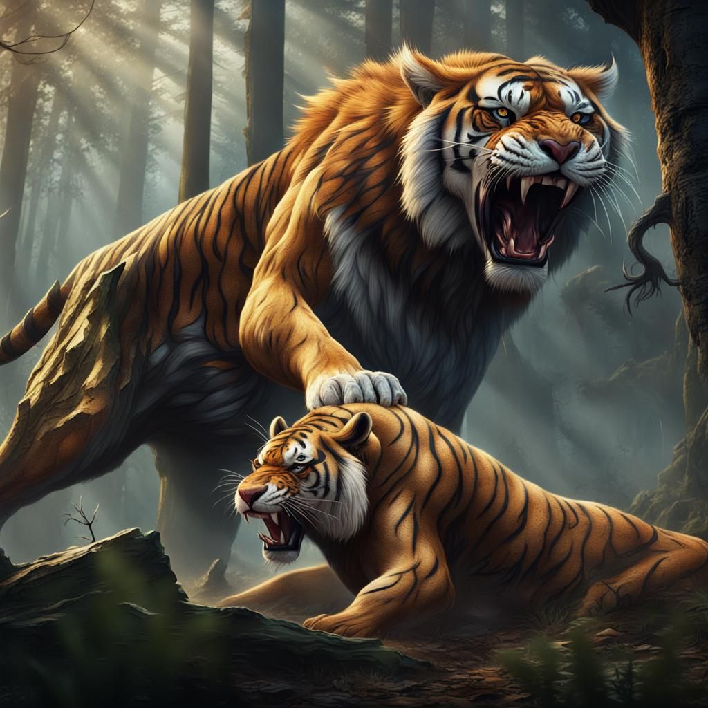 Tiger and Lion Battle in a Fantastical Forest
