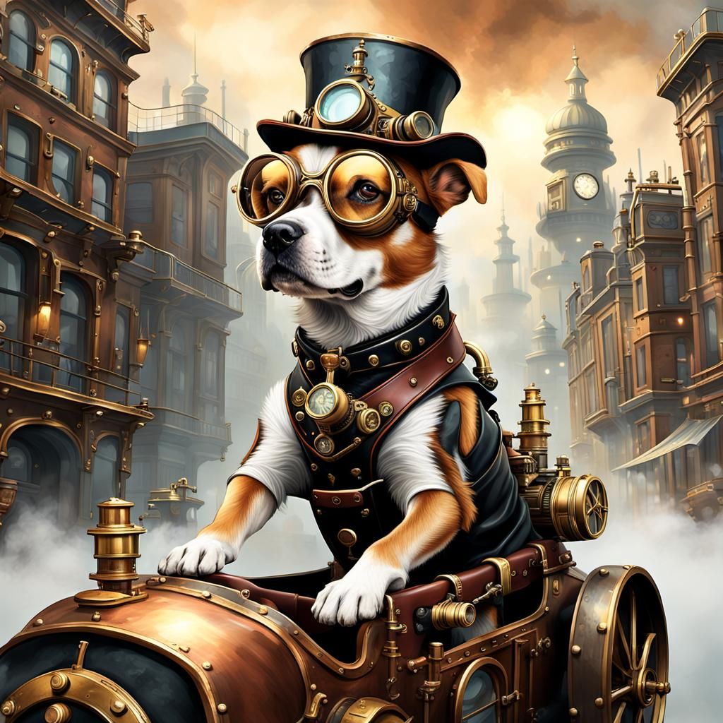 Steampunk Dog Rides Vehicle in Victorian Cityscape