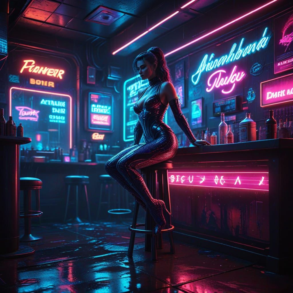 Surreal Neon Dive Bar in Retro-Futuristic Style