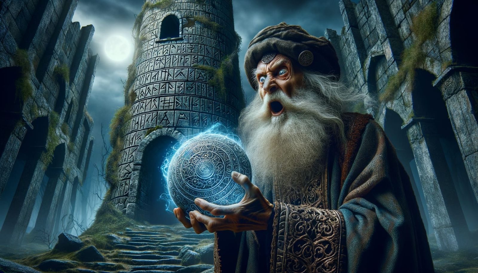 Mystical Wizard Guarding Ancient Tower in Enchanted Forest