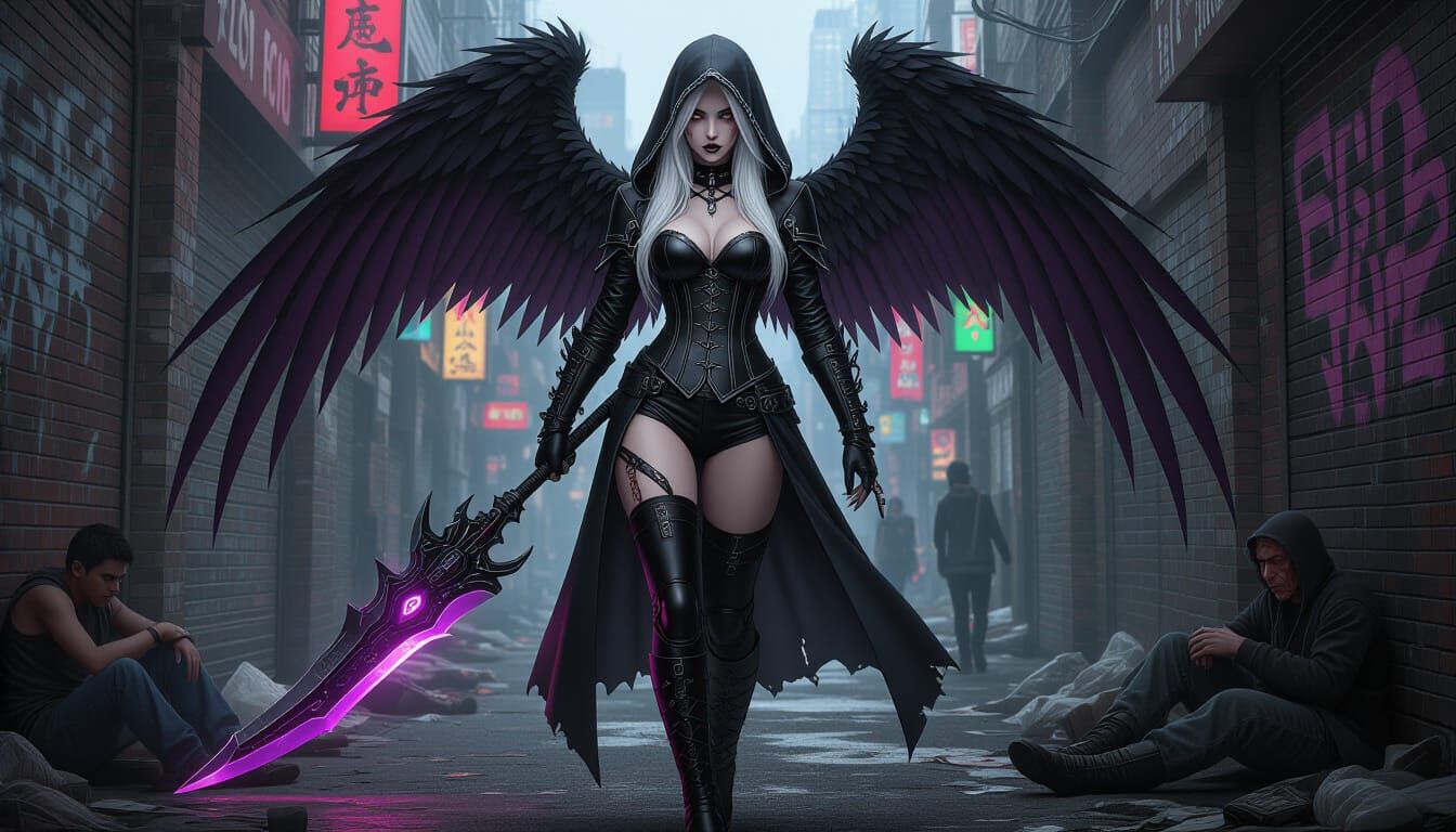 Fallen Angel in Gritty Urban Alley with Cybernetic Scythe
