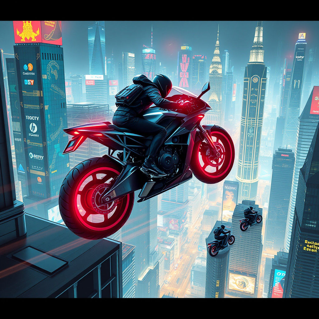Futuristic Neon Bike Scales Skyscrapers in Cyberpunk Chase