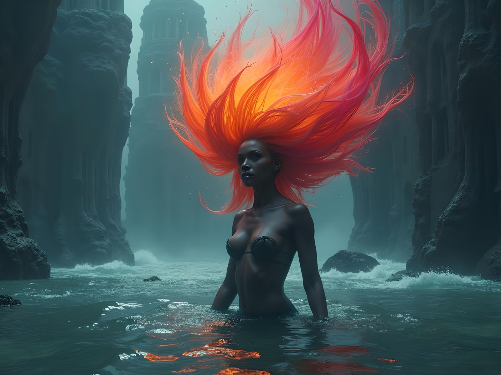 Rainbow Tulip Woman in Apocalyptic 3D Rendering