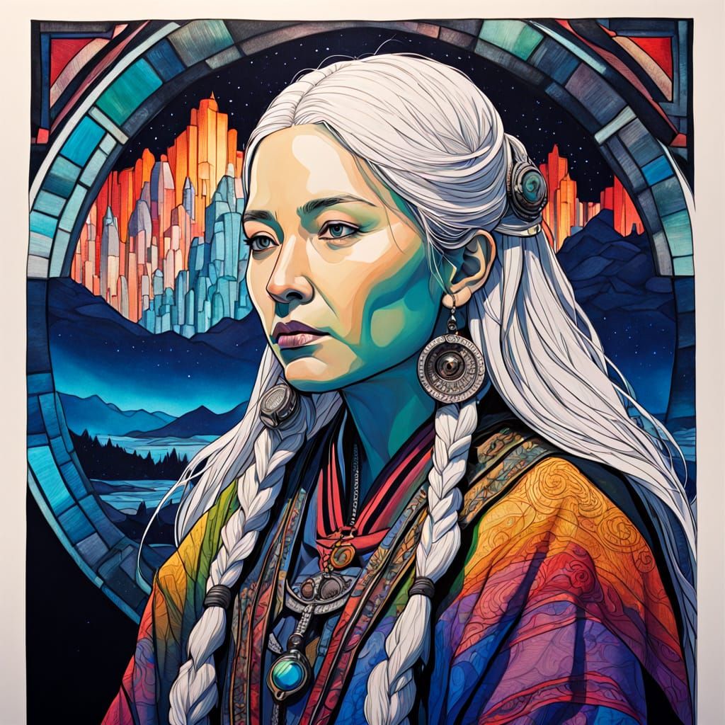 Sami Woman Witnessing Aurora in Ink Drawing