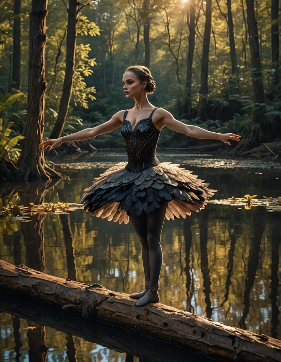 Black Swan Ballerina on Lake in Hyper-Realistic Cartoon