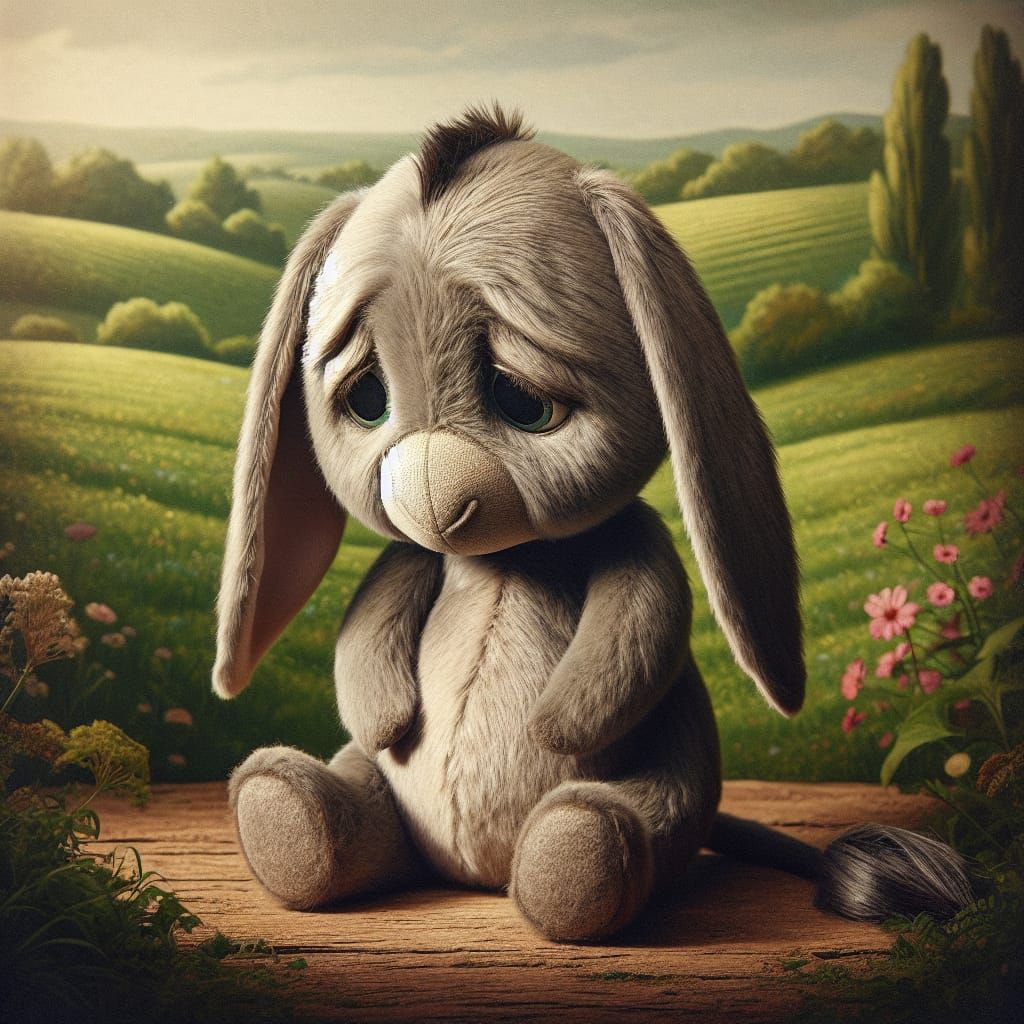 Melancholic Donkey in Storybook Landscape
