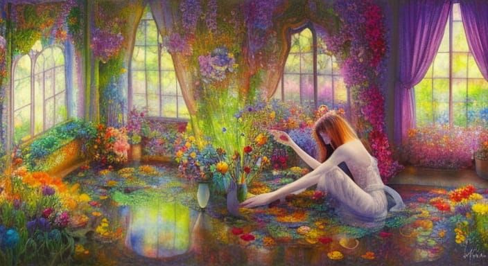 Woman in Floral Room, Gouache-Style Fairytale