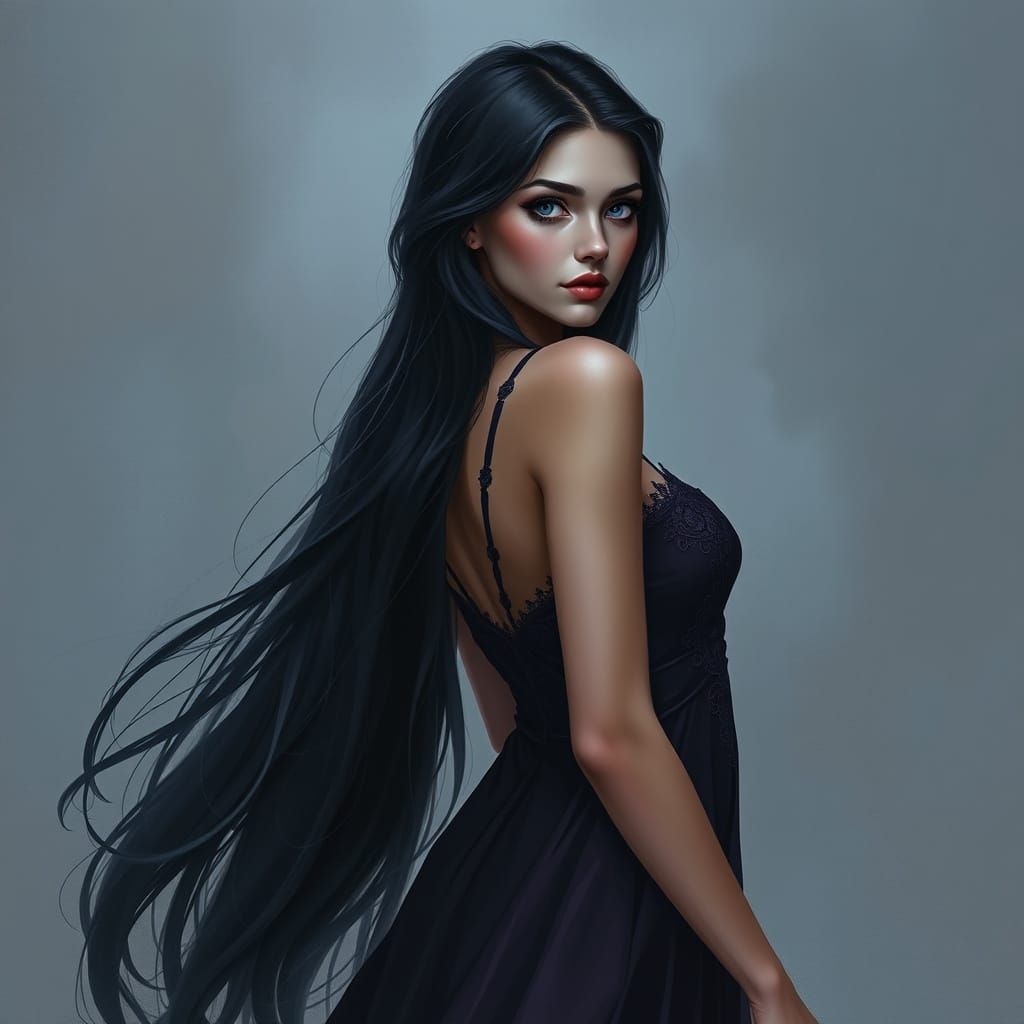 Ethereal Woman in Midnight Gown with Raven Hair and Blue Eye...