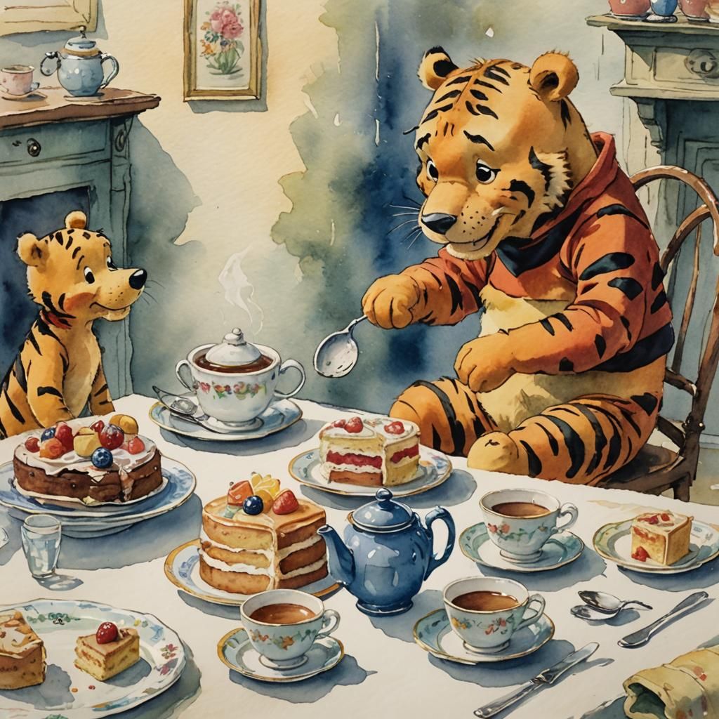 Tigger having tea with a small friend!