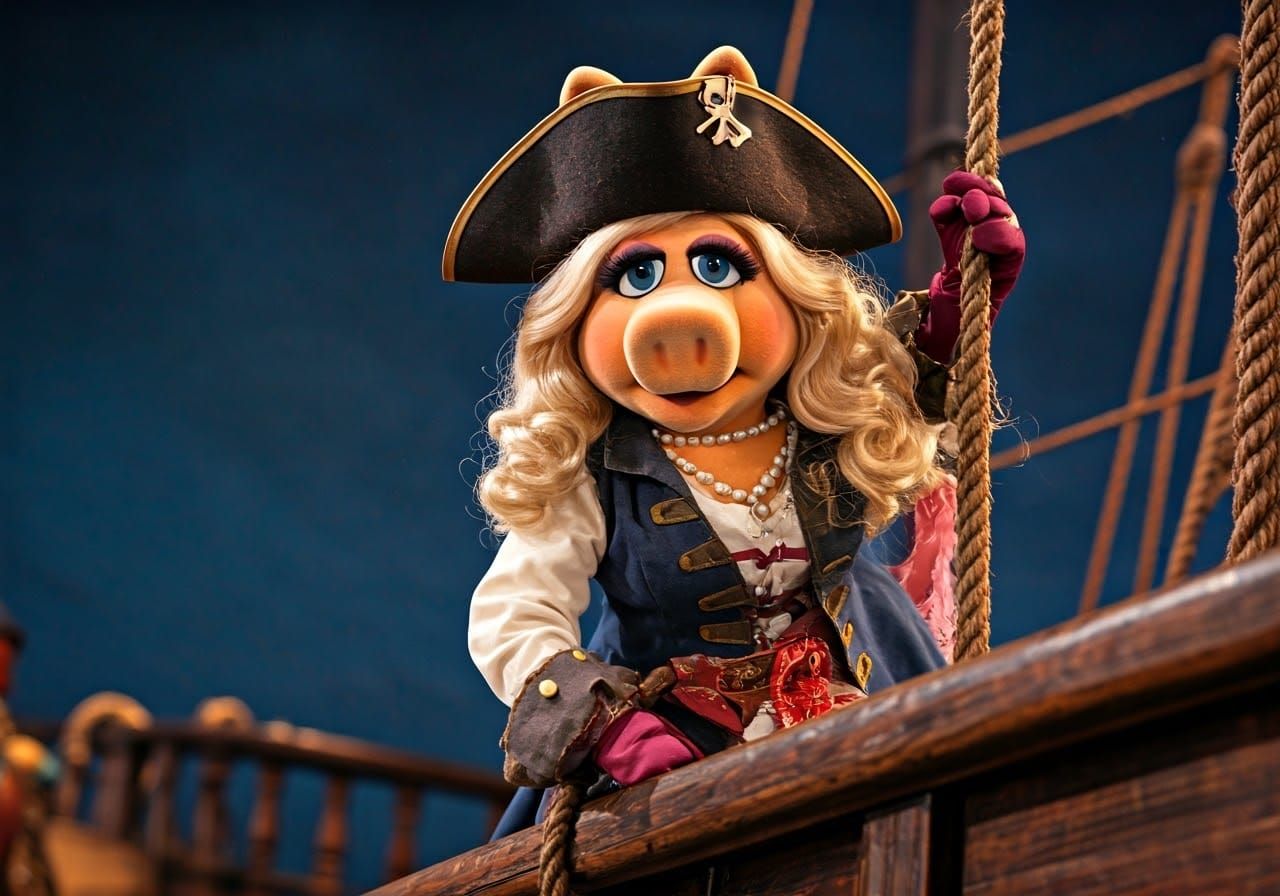 The Muppets, Miss Piggy dressed as a pirate fighting swingin...