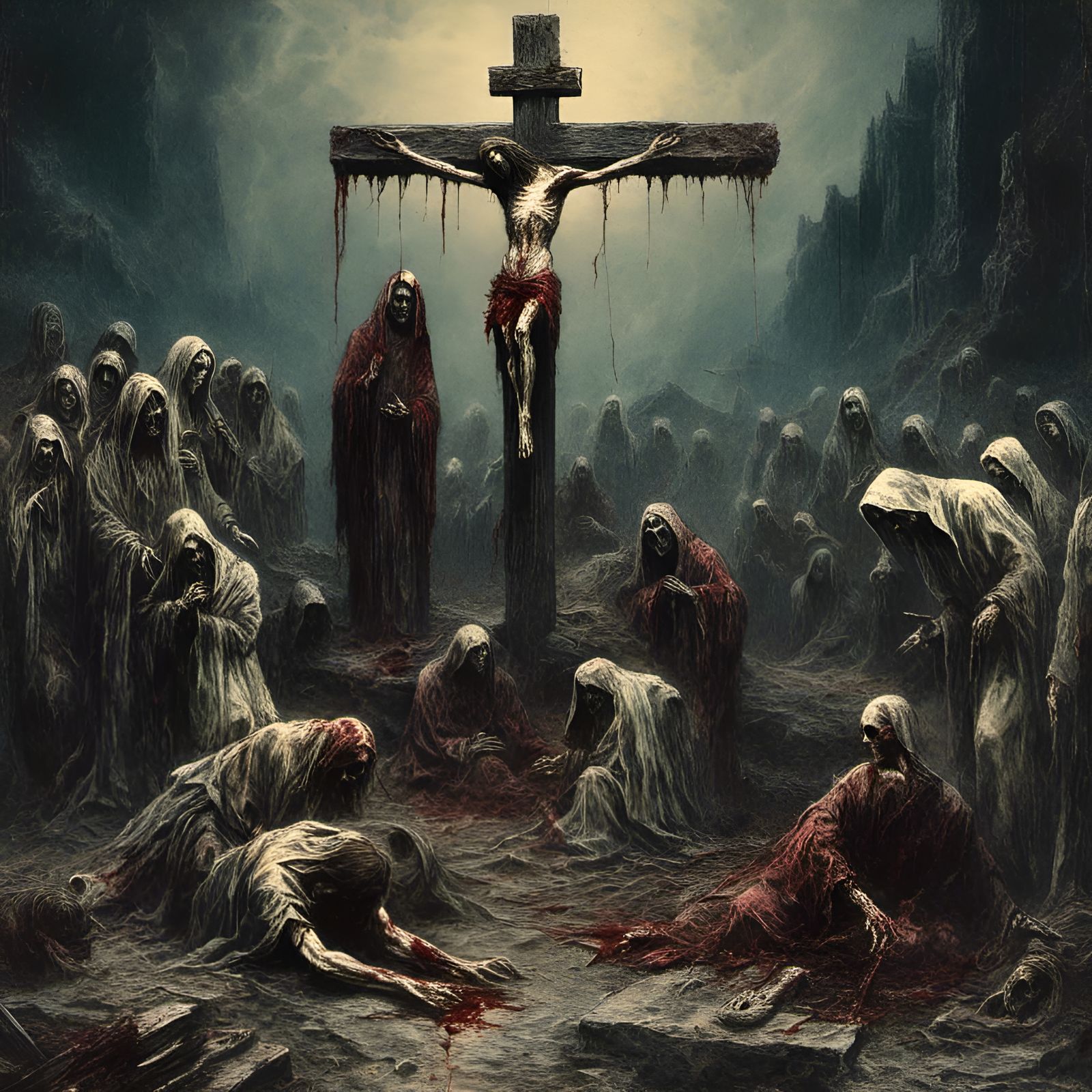 Rotting Zombie Jesus on Bloody Cross in Macabre Style