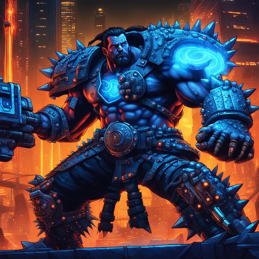 Cyberpunk Barbarian with Plasma Gatling Gun