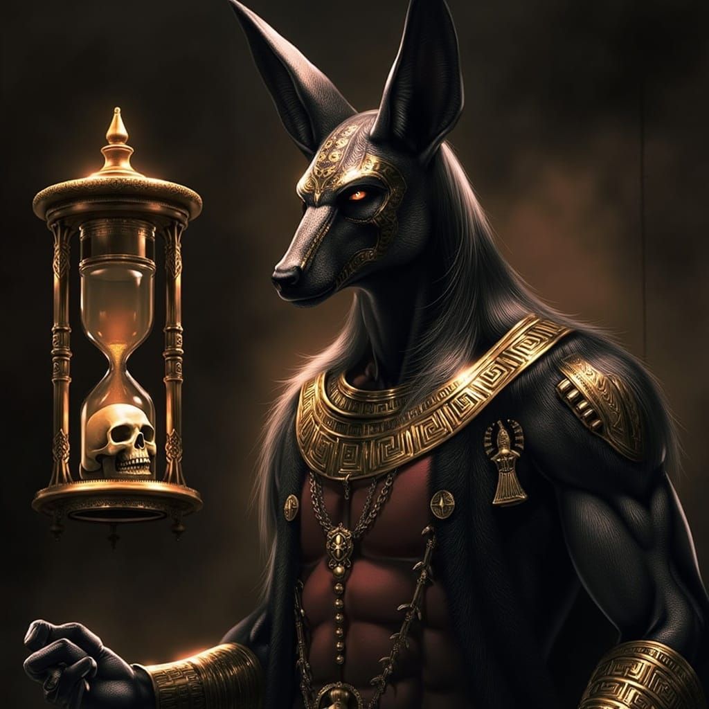Anubis Holds Hourglass in Biomechanical Art Style