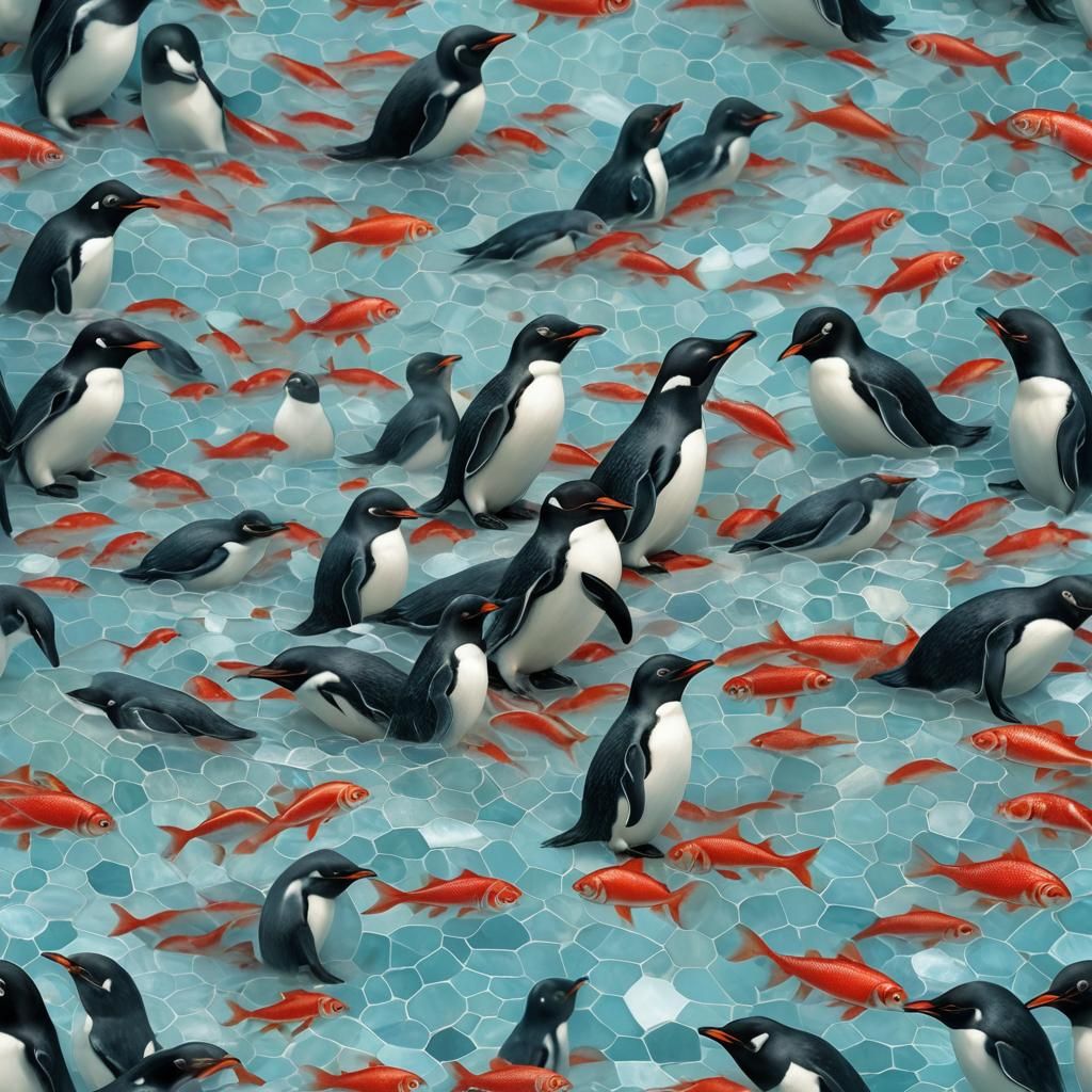 Penguin Mosaic with Red Fish, Fantasy Concept Art