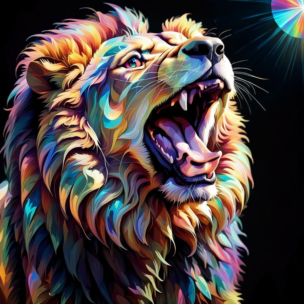Lion Dog Roaring with Polychromatic Patterns