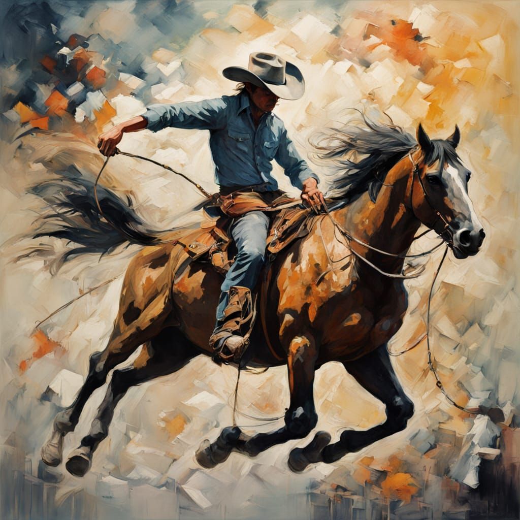 Cowboy Lassoing Bull on Dusty Plain in Gouache and Watercolo...