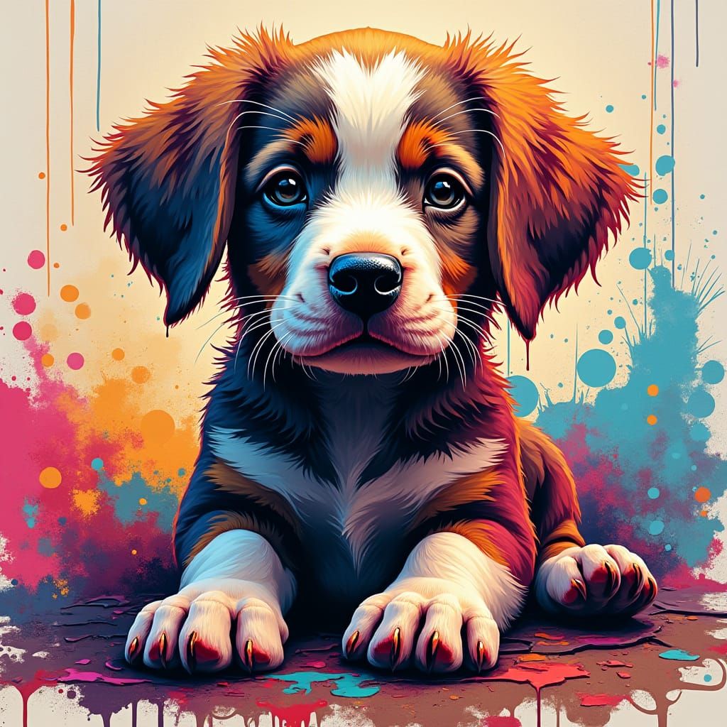 Vibrant Puppy in Abstract Graffiti Kaleidoscope