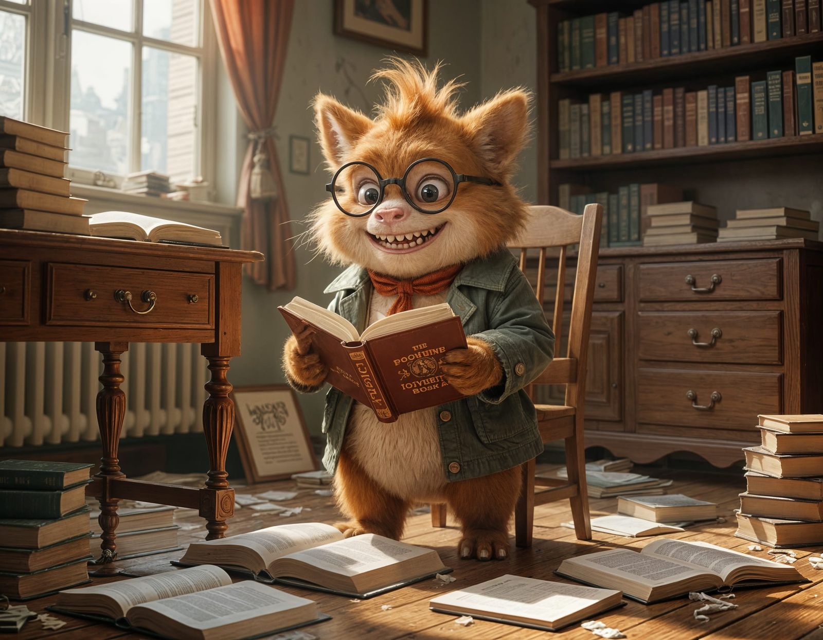 Ginger Wumpus Child Reading Books, Digital Matte Painting