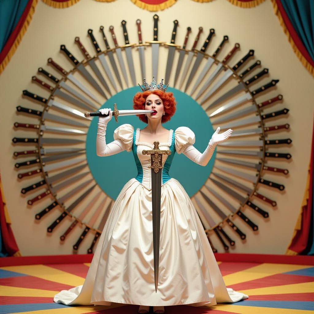 Queen of Swords Swallowing Sword in Tim Burton Style