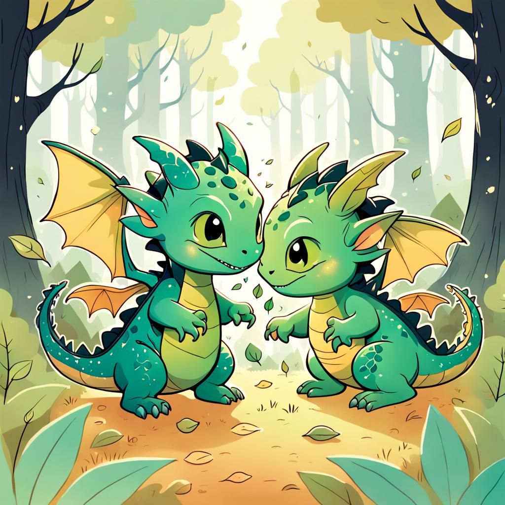 Baby Dragon and Goblin Play: Cute Line Art