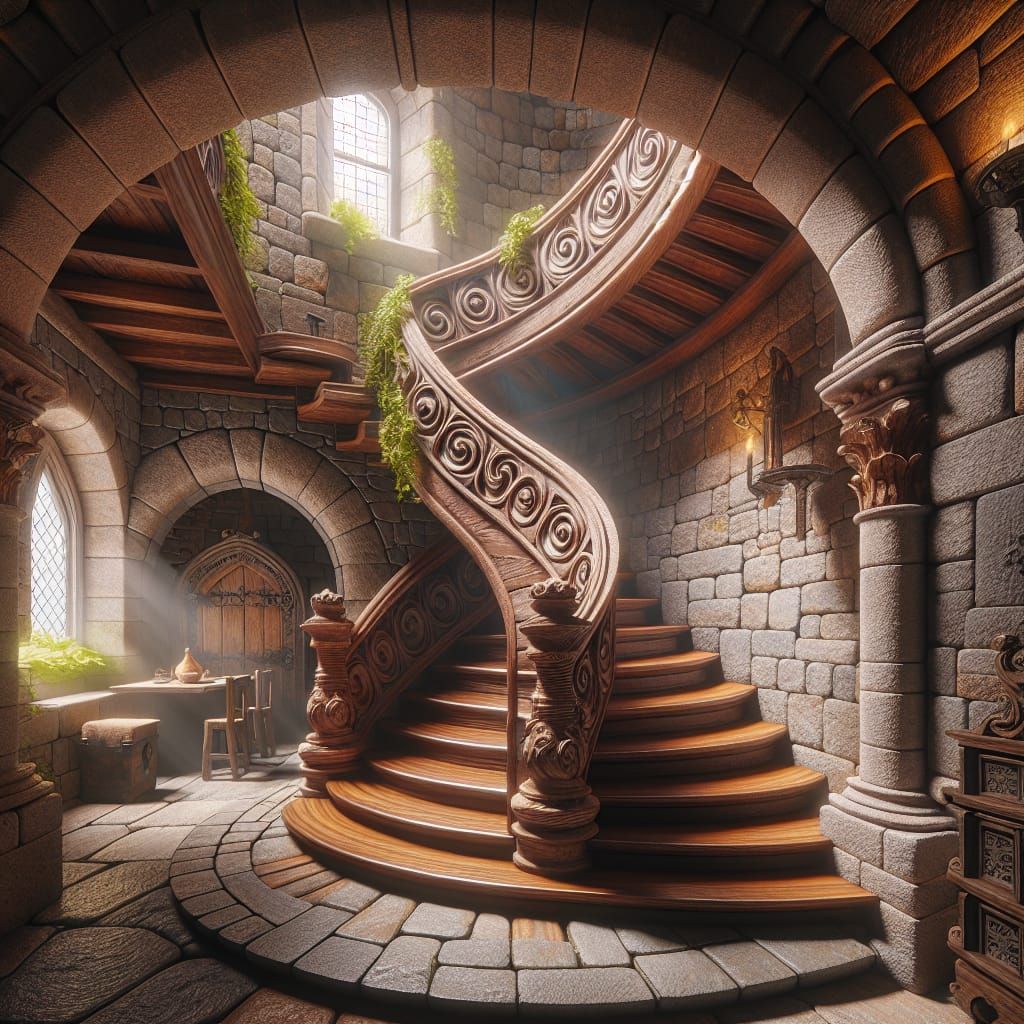 Medieval Castle Interior with Spiral Staircase and Greenery