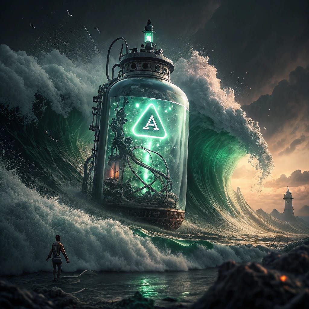 Majestic Biomechanical Glass Form Container in Turbulent Sci...