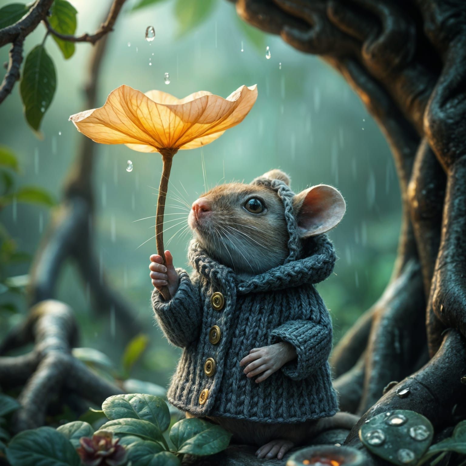 Whimsical Shrew Finds Solace in Rainy Emerald Dreamscape