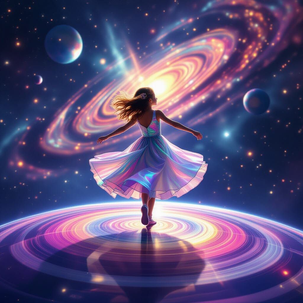Girl Dancing on Ringed Planet in Cosmic Nebula