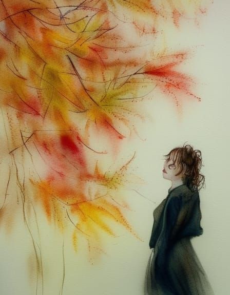 Autumnal Woman Gazing Through Window, Watercolour Style