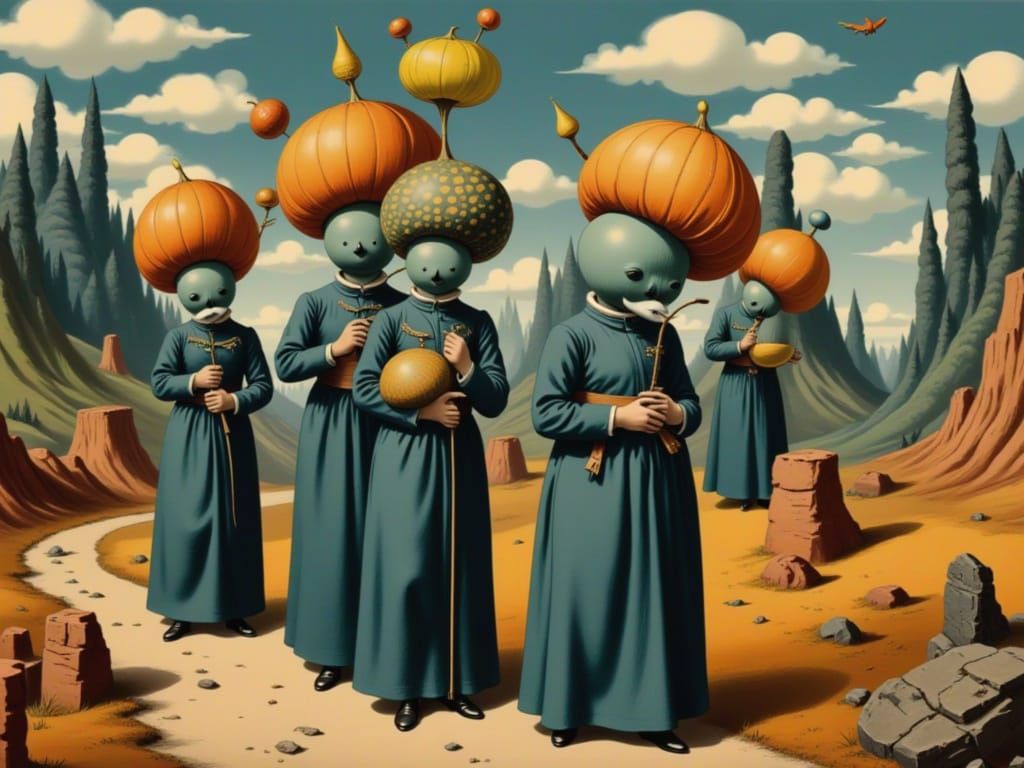 Surreal Robed Figures in a Dreamlike Monochromatic Scene