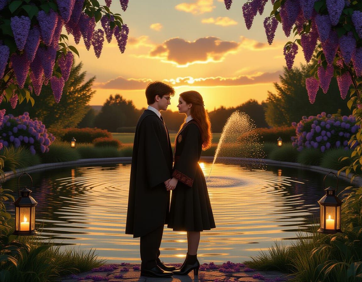 Harry Potter and Ginny Weasley by a Lilac Pond